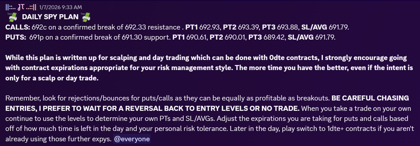 Sample Daily SPY Plan post from Meridian Trades Discord